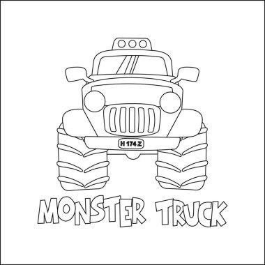 Çizgi film tarzında canavar kamyonun vektör çizimi. Çizgi film izole vektör çizimi, çocuk aktivite kitabı veya sayfa boyama için yaratıcı vektör tasarımı.