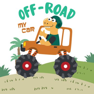 Çizgi film tarzında canavar kamyona binen dinozorların vektör çizimi. Tişört izi, çocuk giysisi, davetiye kartı için kullanılabilir. kumaş, tekstil, çocuk odası duvar kağıdı, poster ve diğer dekorasyonlar.