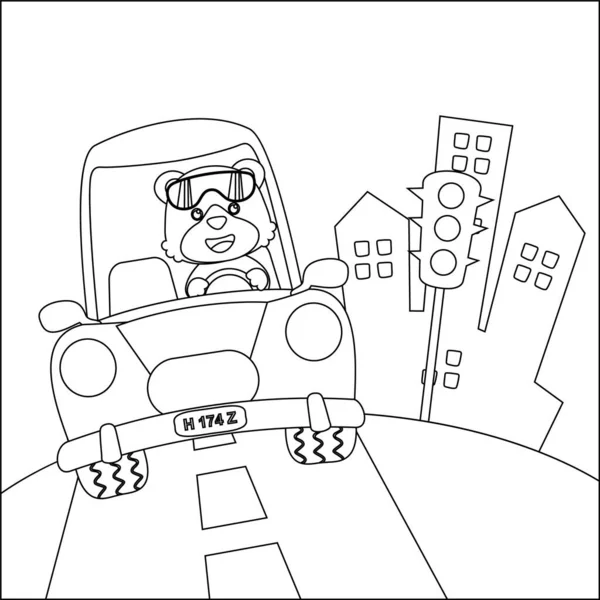 Lindo Tigre Dibujos Animados Que Divierten Conduciendo Coche Ciudad Día — Vector de stock