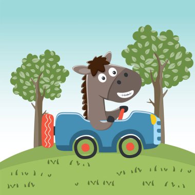 Araba süren şirin küçük at orman komik hayvan çizgi filmine gidiyor, vektör çizimi. Vektör çizimi. Çocuklar için T-Shirt Tasarımı. Çocuklar için tasarım ögeleri.