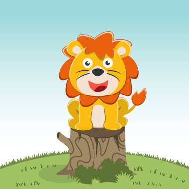 Ağaç kütüğünde oturan mutlu bir aslan tasviri, kumaş, tekstil, çocuk odası duvar kağıdı, poster, kart, broşür için yaratıcı vektör çocuksu arka plan. ve diğer dekorasyon.
