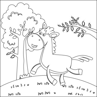 Beyaz arka planda izole edilmiş düz çizgi film at çizim vektörü, çocuk aktivite kitabı veya sayfa boyama için çocukça tasarım.