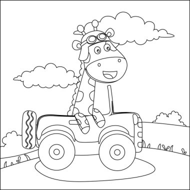 Araba süren küçük şirin atın vektör çizimi. Ormandaki komik hayvan çizgi filmine git, vektör çizimi. Vektör çizimi. Çocuklar için T-Shirt Tasarımı. Çocuklar için tasarım ögeleri.