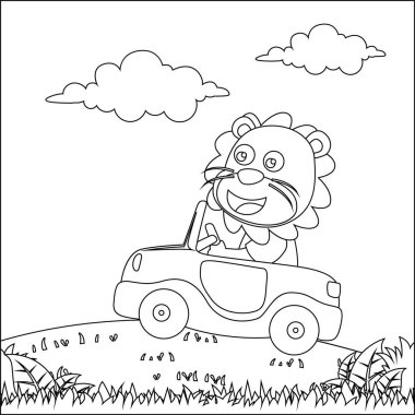 Küçük şirin aslanın ormana gidişinin vektör çizimi, Çizgi Sanat Tasarımı, Yetişkin ve Çocuk Boyama Kitabı için Çizim Çizimi Çizimi Çizimi.