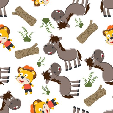 Sahadaki mutlu aslan ve atın kusursuz deseni. Tişört baskısı için, çocuklar moda tasarımları, bebek partisi davetiyeleri ve diğer dekorasyonlar için kullanılabilir.