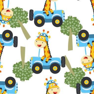 Araba süren küçük sevimli zürafanın kusursuz deseni orman komik hayvan çizgi filmine gidiyor, vektör çizimi. Vektör çizimi. Çocuklar için T-Shirt Tasarımı. Çocuklar için tasarım ögeleri.