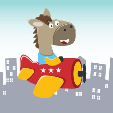 Uçakta uçan şirin atın çizgi film çizimi kumaş, tekstil, bebek odası duvar kağıdı, poster, kart, broşür için yaratıcı vektör çocuksu arka plan. ve diğer dekorasyon.