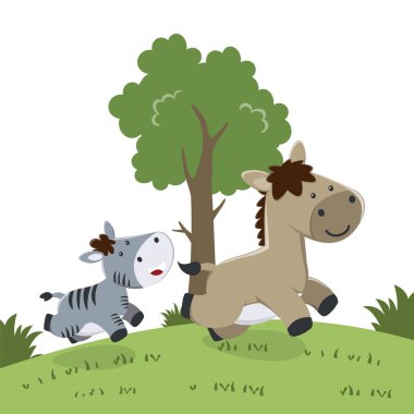 Mutlu zebra ve at ormanda koşuyor, çocuklar için T-Shirt Tasarımı. Çocuklar için tasarım ögeleri.