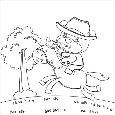 Kovboyun, kahverengi ata binen kovboy çizgi filmi çizimi, çizgi çizen el çizimi, Yetişkin ve Çocuk Boyama Kitabı için çizim yapan çocuklar grafiği..