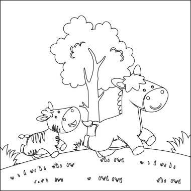 Mutlu zebra ve at ormanda koşuyor, moda çocuk grafikleri çizim el çizimi yetişkin ve çocuk boyama kitabı için çizim vektörü çizimi.