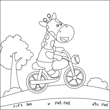 Şirin zürafanın motosiklet sürüşünün vektör çizimi, Çizgi Sanat Tasarımı El Çizimi Yetişkin ve Çocuk Boyama Kitabı için Çizim Vektörü çizimi.