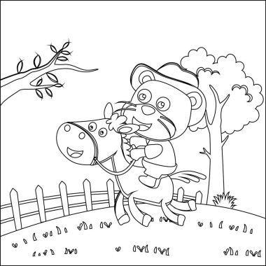 Kahverengi ata binen kovboyun vektör çizimi, komik vektör illüstrasyonu, Çizgi Sanat Tasarımı El Çizimi Çizimi Çizimi Çizim Vektör Çizimi Yetişkin ve Çocuk Boyama Kitabı.