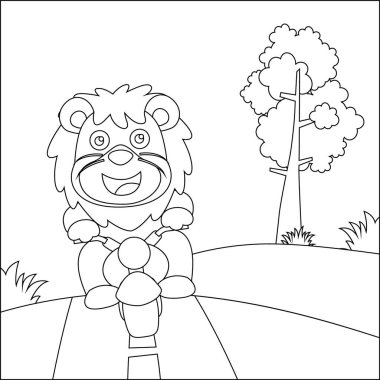 Tatlı aslanın motosiklet sürüşünün vektör illüstrasyonu, komik vektör illüstrasyonu, çizgi çizimi çizim eli çizim çizimi ile trend çocuk grafikleri Yetişkin ve Çocuk Boyama Kitabı için çizim.