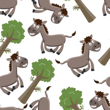 Beyaz arka planda izole edilmiş düz çizgi film atının vektör biniciliğe ait kusursuz deseni kumaş tekstili için yaratıcı vektör çocuksu arka plan, bebek odası duvar kağıdı, broşür. ve diğer dekorasyon.