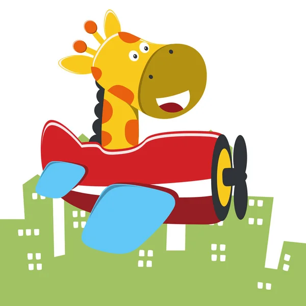 Cartoon Illustration Cute Giraffe Flying Airplane Creative Vector Childish Background — Stock Vector