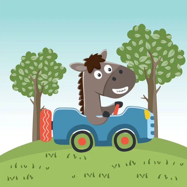 かわいい馬の森面白い動物の漫画 ベクトル図に行く車を運転 ベクトルイラスト 子供のためのTシャツデザイン 子供のためのデザイン要素 — ストックベクタ