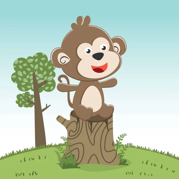 描述一只快乐的小猴子坐在树桩上的坐姿 为面料 纺织品 苗圃壁纸 小册子提供有创意的矢量童年背景 和其他装饰 — 图库矢量图片