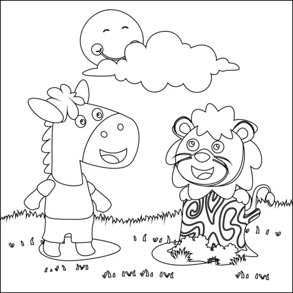 Atın ve aslanın güzel bir doğadaki vektör çizimi, Çizgi Sanat Tasarımı El Çizimi Çizimi Çizimi Çizim Vektör Çizimi Yetişkin ve Çocuk Boyama Kitabı.