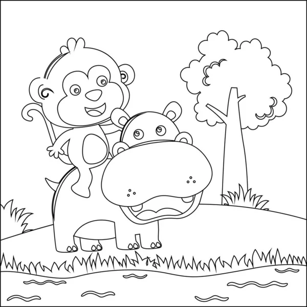 Vector Illustratie Van Schattig Nijlpaard Aap Spelen Samen Grappige Dier — Stockvector