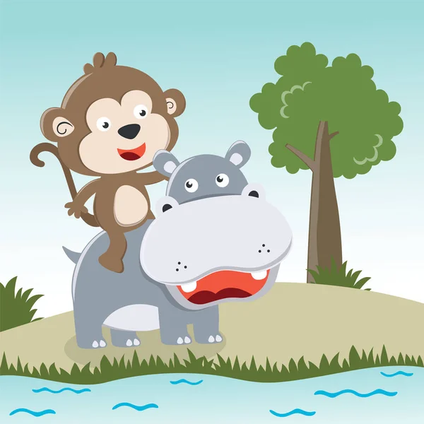 Vector Illustratie Van Leuke Hippo Aap Samen Spelen Kan Worden — Stockvector