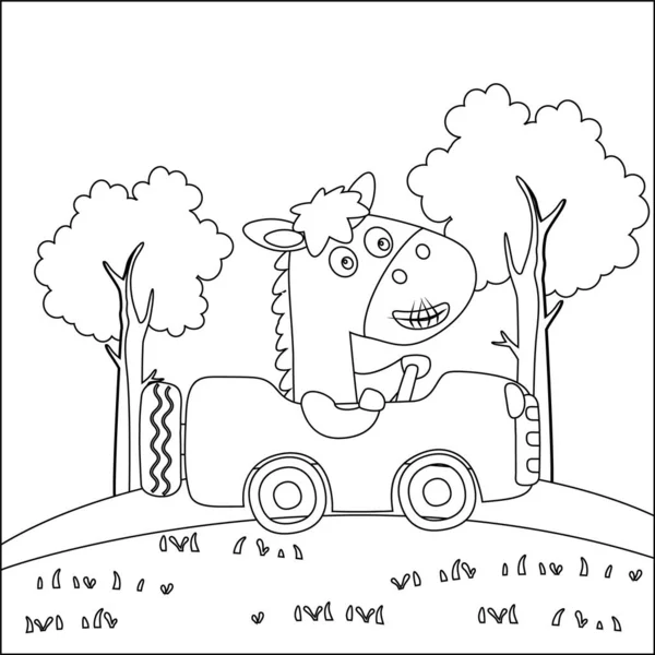 Cute Little Horse Driving Car Forest Funny Animal Cartoon Μοντέρνα — Διανυσματικό Αρχείο