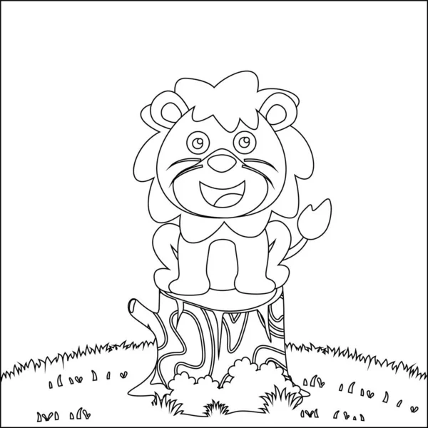 Ağaç kütüğünde oturan mutlu bir aslanın tasviri, komik vektör illüstrasyonu, çizgi çizimi çizimi çizim çizimi olan popüler çocuklar Yetişkin ve Çocuk Boyama Kitabı için çizim.