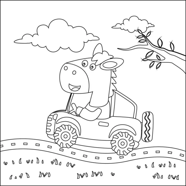 Vector Illustratie Van Schattige Kleine Paard Rijden Een Auto Naar — Stockvector