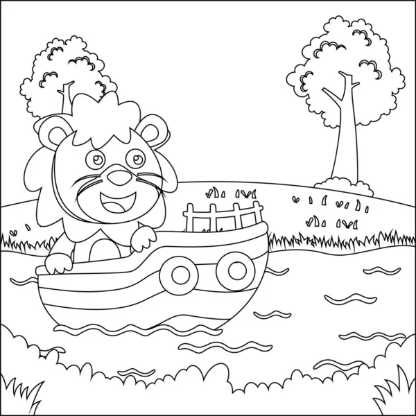 Αστεία Λιοντάρι Διάνυσμα Κινουμένων Σχεδίων Μικρή Βάρκα Στυλ Κινουμένων Σχεδίων — Διανυσματικό Αρχείο