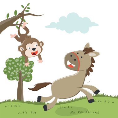 Çiftlikte yeşil tarlalı mutlu at ve maymun çizgi filmi. Doğa ve ülke kavramı. Kumaş tekstil, çocuk odası duvar kağıdı, kart, poster ve diğer dekorasyonlar için vektör çocuksu arkaplan.