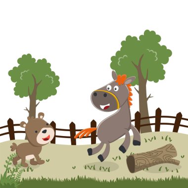 Çiftlikteki mutlu at ve ayı çizgi filmi. Doğa ve ülke kavramı. Kumaş tekstil, çocuk odası duvar kağıdı, kart, poster ve diğer dekorasyonlar için vektör çocuksu arkaplan.