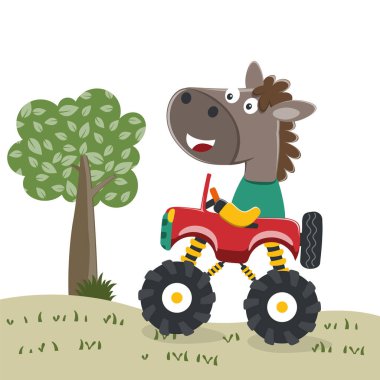 Canavar arabası süren şirin küçük at orman komik hayvan çizgi filmine gidiyor, vektör çizimi. Vektör çizimi. Çocuklar için T-Shirt Tasarımı. Çocuklar için tasarım ögeleri.