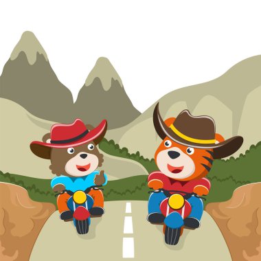 Tepe yolu geçmişi olan yolda iki sevimli ayı motosikleti, vektör karikatür çizimi, çocuklar için tişört tasarımı. Çocuklar için tasarım ögeleri.