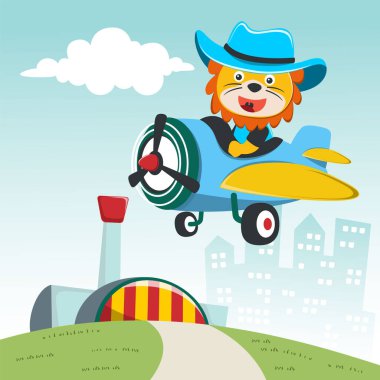 Uçakta uçan şirin bir aslan. Kumaş tekstil, çocuk odası duvar kâğıdı, kart, poster ve diğer dekorasyonlar için çocuksu bir geçmiş. Vektör illüstrasyonu.