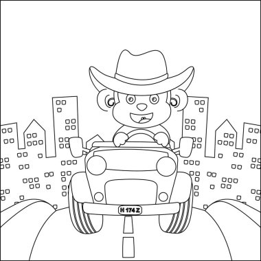 Tatlı maymun çizgi filmi güneşli bir günde dağda off-road araba sürerken eğleniyor. Çizgi film izole vektör çizimi, çocuk aktivite kitabı veya sayfa boyama için yaratıcı vektör tasarımı.