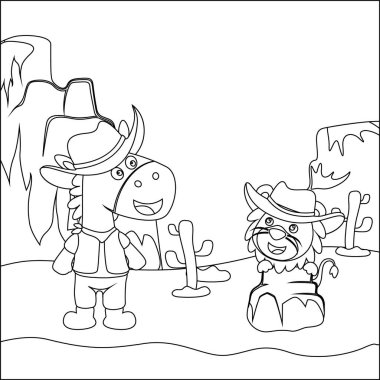 İki küçük kovboyun vektör çizimi. Çizgi film izole vektör çizimi, çocuk aktivite kitabı veya sayfa boyama için yaratıcı vektör tasarımı.