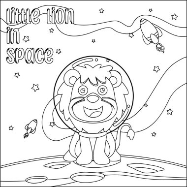 Ay 'daki küçük şirin aslanın vektör çizimi. Çizgi film izole vektör çizimi, çocuk aktivite kitabı veya sayfa boyama için yaratıcı vektör tasarımı.