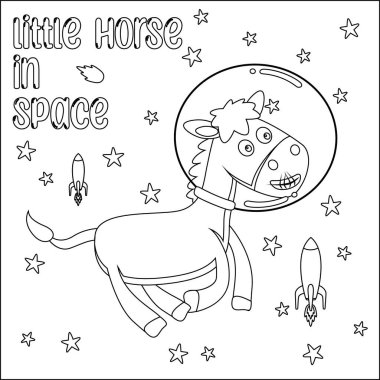 Uzayda yüzen şirin bir atın vektör çizimi. Çizgi film izole vektör çizimi, çocuk aktivite kitabı veya sayfa boyama için yaratıcı vektör tasarımı.