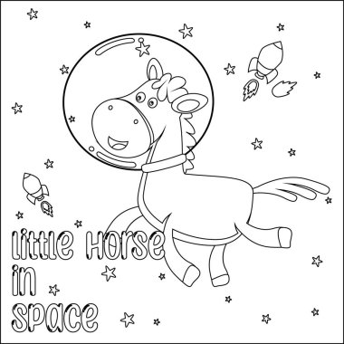 Uzayda yüzen şirin bir atın vektör çizimi. Çizgi film izole vektör çizimi, çocuk aktivite kitabı veya sayfa boyama için yaratıcı vektör tasarımı.