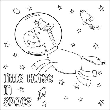 Uzayda yüzen şirin bir atın vektör çizimi. Çizgi film izole vektör çizimi, çocuk aktivite kitabı veya sayfa boyama için yaratıcı vektör tasarımı.