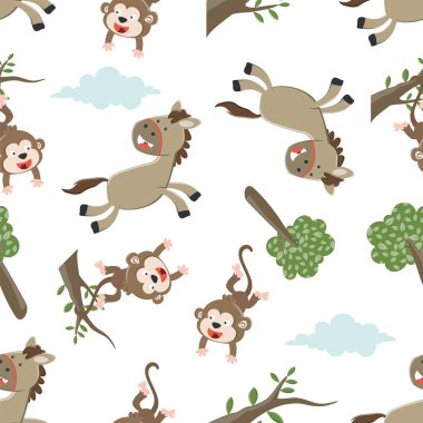Mutlu At ve Maymun çizgi filminin kusursuz deseni, komik hayvan çizgi filmi. Kumaş tekstil, bebek odası duvar kâğıdı, poster, broşür için yaratıcı vektör çocuksu arka plan. ve diğer dekorasyon.
