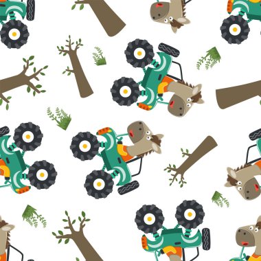 Şirin küçük atın kusursuz deseni ve canavar bir araba sürüşü orman komik hayvan çizgi filmine gidiyor. Kumaş tekstil ve diğer dekorasyonlar için yaratıcı vektör çocuksu arkaplan.