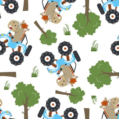Şirin küçük atın kusursuz deseni ve canavar bir araba sürüşü orman komik hayvan çizgi filmine gidiyor. Kumaş tekstil ve diğer dekorasyonlar için yaratıcı vektör çocuksu arkaplan.