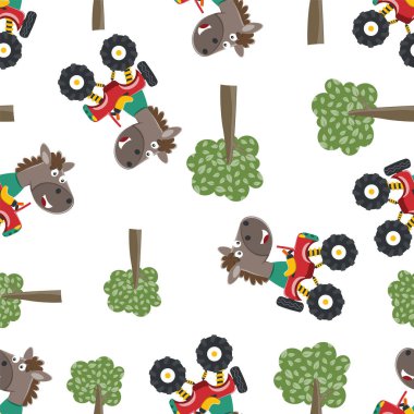 Şirin küçük atın kusursuz deseni ve canavar bir araba sürüşü orman komik hayvan çizgi filmine gidiyor. Kumaş tekstil ve diğer dekorasyonlar için yaratıcı vektör çocuksu arkaplan.