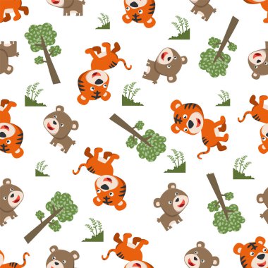 Tatlı kaplan ve ayının ormandaki kusursuz desenli taşıyıcısı. Kumaş tekstil, çocuk odası arka planı, bebek kıyafetleri, poster, ambalaj kağıdı ve diğer dekorasyonlar için yaratıcı vektör çocuksu arka plan.