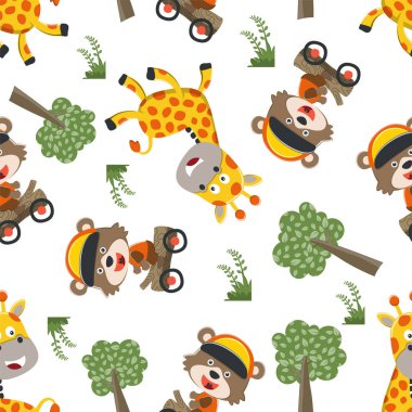 Ormandaki sevimli zürafa ve ayının kusursuz deseni. Komik hayvan çizgi filmi. Kumaş tekstil, bebek odası duvar kâğıdı, poster, broşür için yaratıcı vektör çocuksu arka plan. ve diğer dekorasyon.