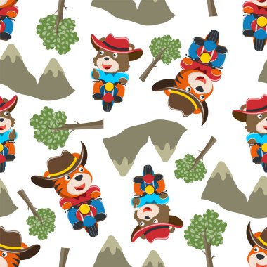 Yoldaki komik hayvan çizgi filminde şirin ayının motosiklet sürüşünün kusursuz deseni. Kumaş tekstil, bebek odası duvar kâğıdı, poster, broşür için yaratıcı vektör çocuksu arka plan. ve diğer dekorasyon.