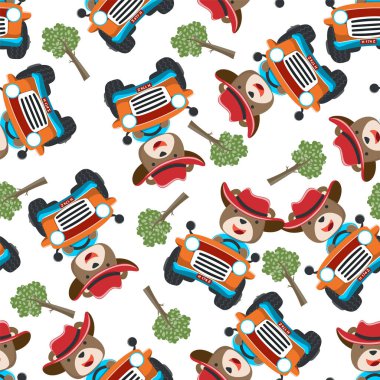 Güneşli bir günde araba sürerken eğlenen sevimli ayının kusursuz bir örneği. Kumaş, tekstil, bebek odası kağıdı, tişört baskısı, çocuk giyimi ve diğer dekorasyonlar için yaratıcı vektör çocuksu arka plan.