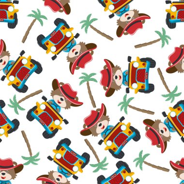 Güneşli bir günde araba sürerken eğlenen sevimli ayının kusursuz bir örneği. Kumaş, tekstil, bebek odası kağıdı, tişört baskısı, çocuk giyimi ve diğer dekorasyonlar için yaratıcı vektör çocuksu arka plan.