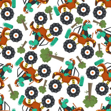 Hayvan sürücüsü olan canavar kamyonun kusursuz desenli taşıyıcısı. Kumaş tekstil, çocuk odası arka planı, bebek kıyafetleri, poster, ambalaj kağıdı ve diğer dekorasyonlar için yaratıcı vektör çocuksu arka plan.