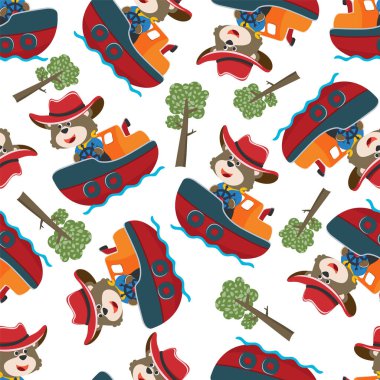 Çizgi film tarzında küçük bir teknede kusursuz bir komik ayı deseni. Tişört baskısı için, çocuklar moda tasarımları, bebek partisi davetiyeleri ve diğer dekorasyonlar için kullanılabilir.